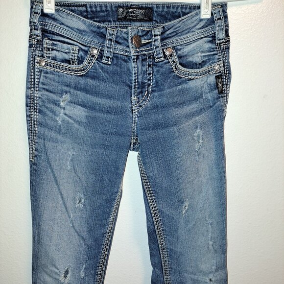 Silver SUKI 17" Distressed With Embroidered Pockets Western Glove Works Jeans - Picture 6 of 12